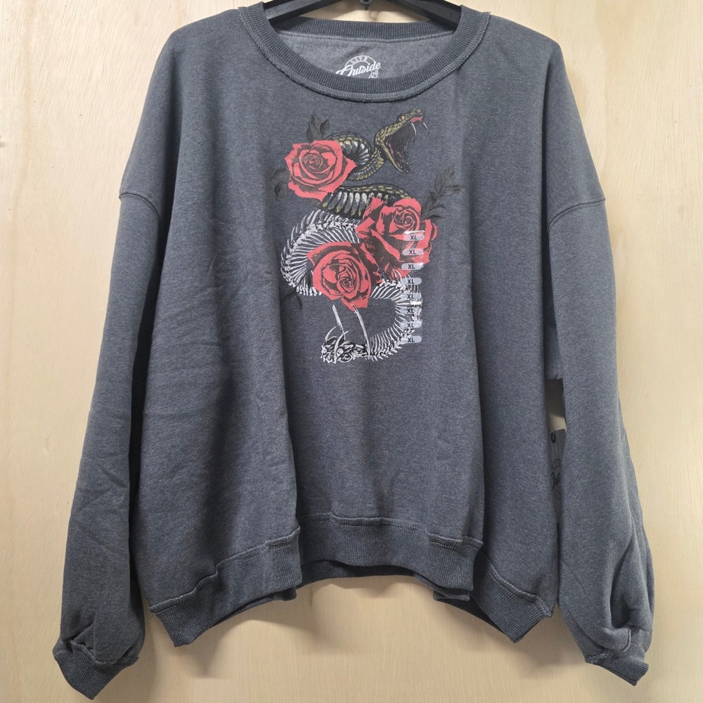 Live Outside The Limits Snake Rose Graphic Sweatshirt Gray XL Balloon Sleeve NEW - Picture 7 of 10